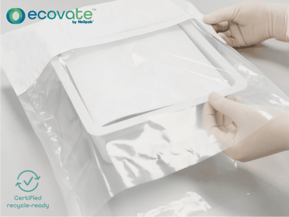 Nelipak OPE/PE Header Bag with Tyvek strip making a mono chemistry recyclable product